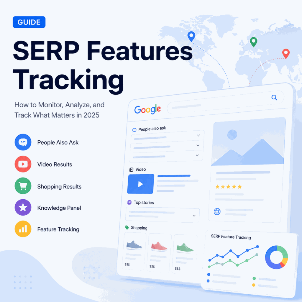 SERP features tracking with People Also Ask, video results, shopping results, and regional search visibility