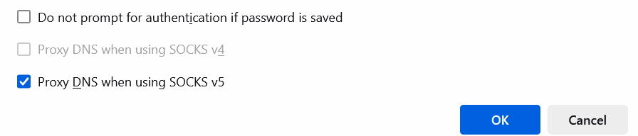 Firefox setting showing Proxy DNS when using SOCKS v5 enabled
