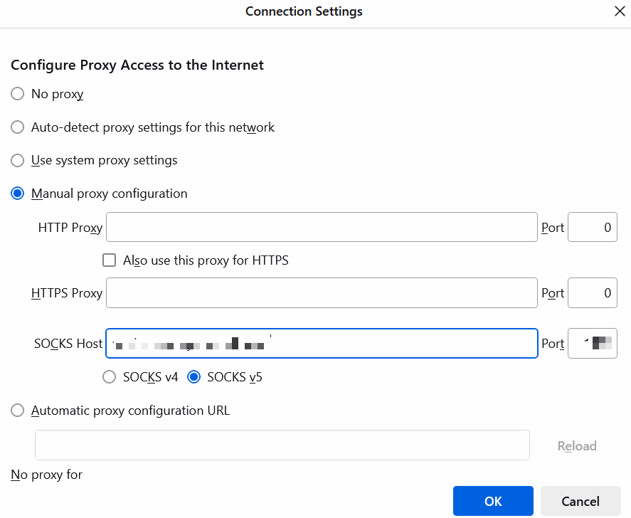 Firefox Connection Settings showing manual SOCKS Host configuration on port 1080 with SOCKS v5 selected