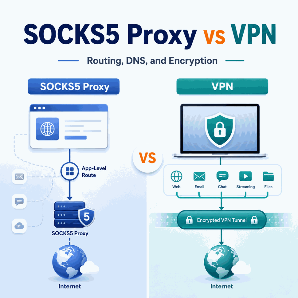 SOCKS5 proxy vs VPN comparison showing app-level proxy routing and an encrypted VPN tunnel