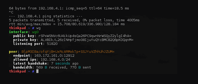 WireGuard command-line output showing the wg0 interface, peer endpoint, allowed IPs, and tunnel traffic statistics