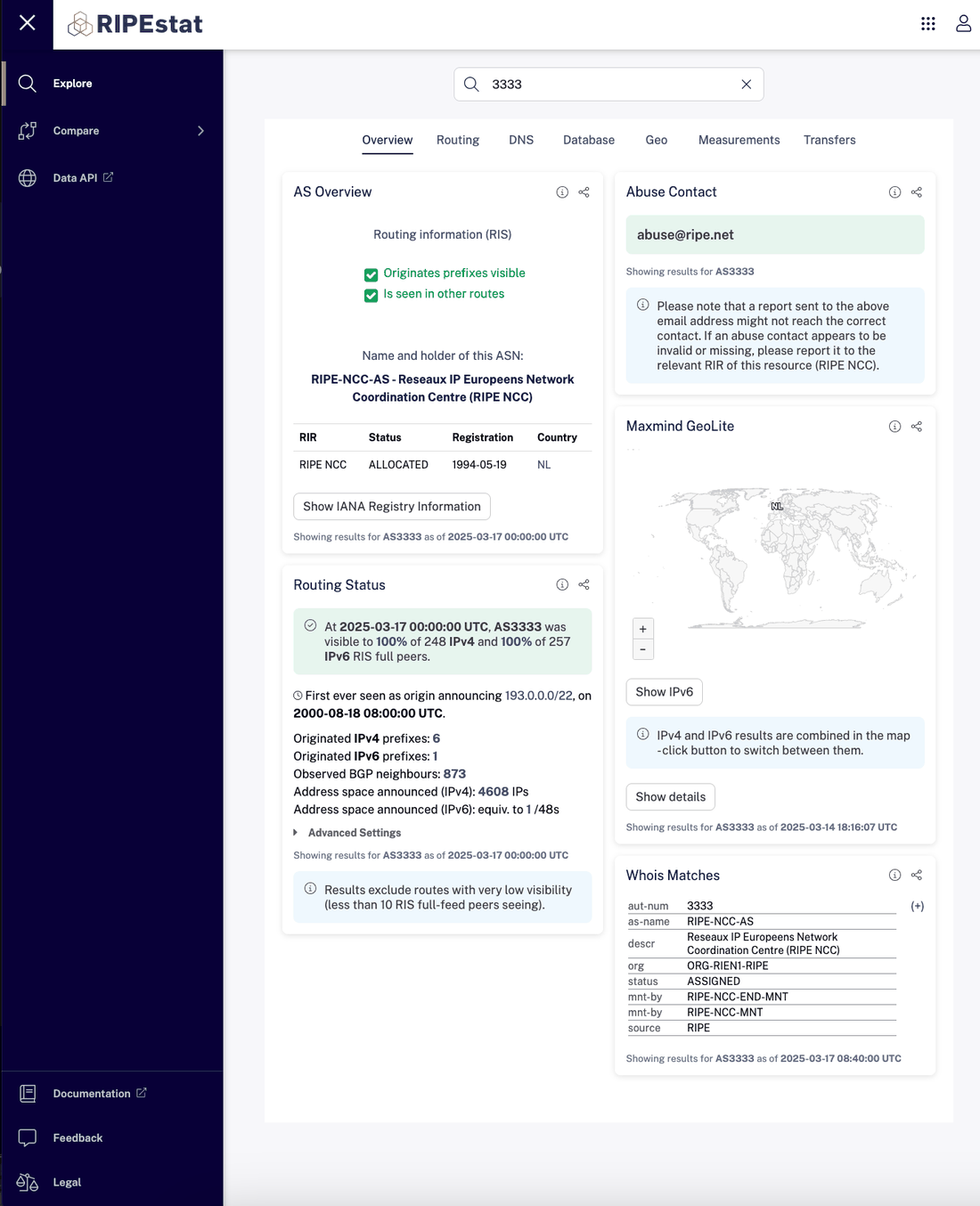 RIPEstat result page displaying ASN routing, registration, and network information