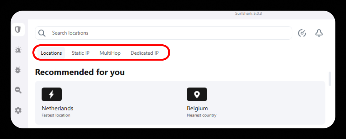 Surfshark VPN app showing separate Static IP and Dedicated IP options