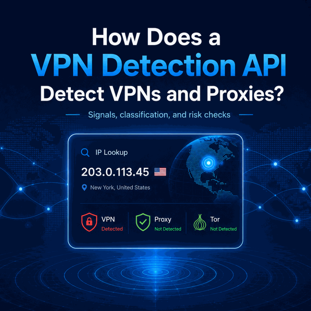 VPN detection API dashboard showing IP lookup and separate VPN, proxy, and Tor detection signals