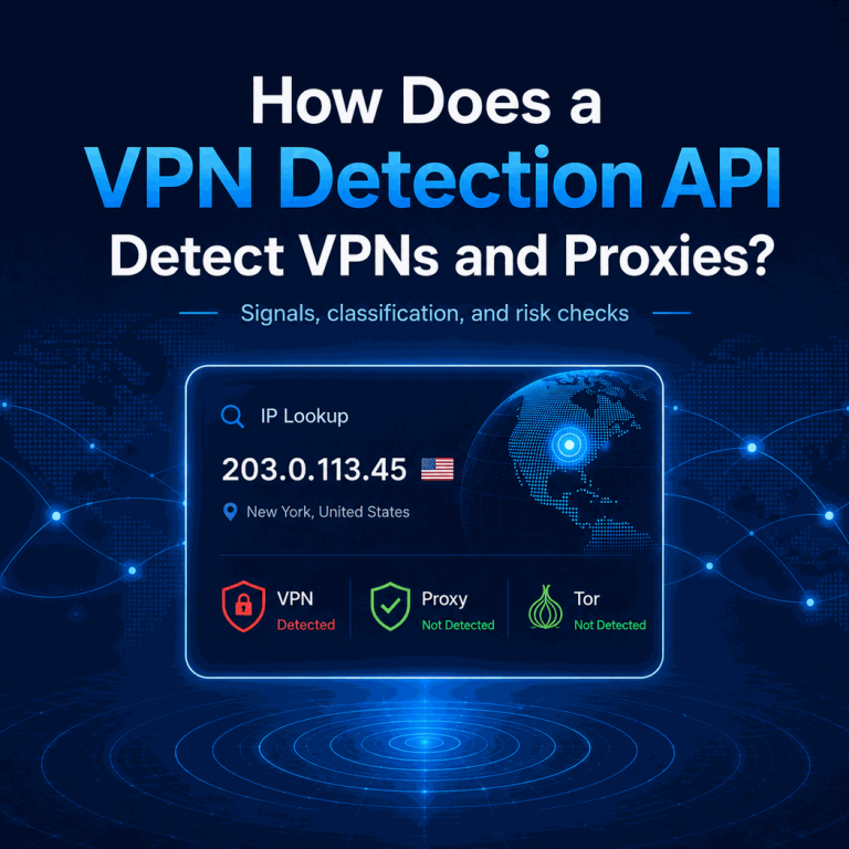 VPN detection API dashboard showing IP lookup and separate VPN, proxy, and Tor detection signals