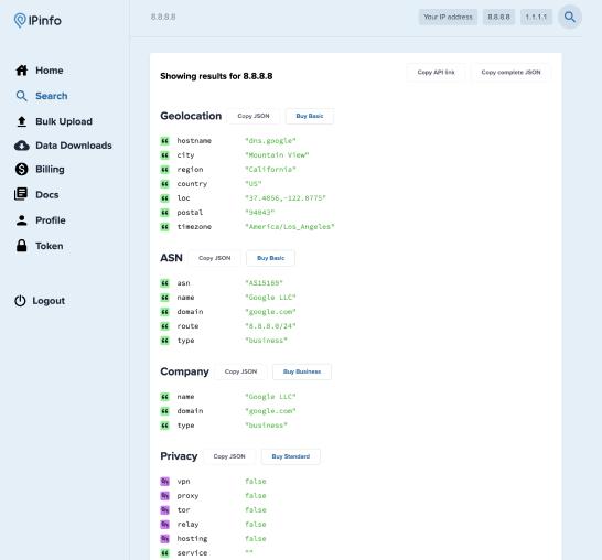 IPinfo dashboard showing VPN, proxy, Tor, relay, hosting, ASN, and geolocation fields for an IP address
