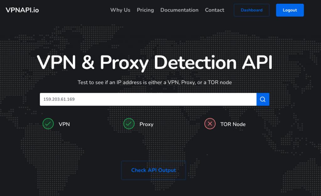 VPNAPI.io detection interface showing VPN, proxy, and Tor results for an IP address