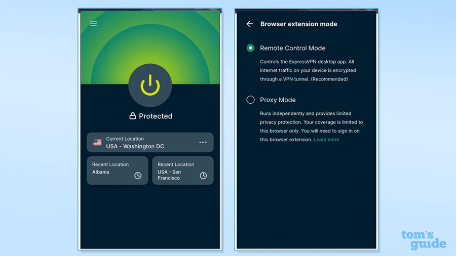 ExpressVPN browser extension showing Remote Control Mode and Proxy Mode