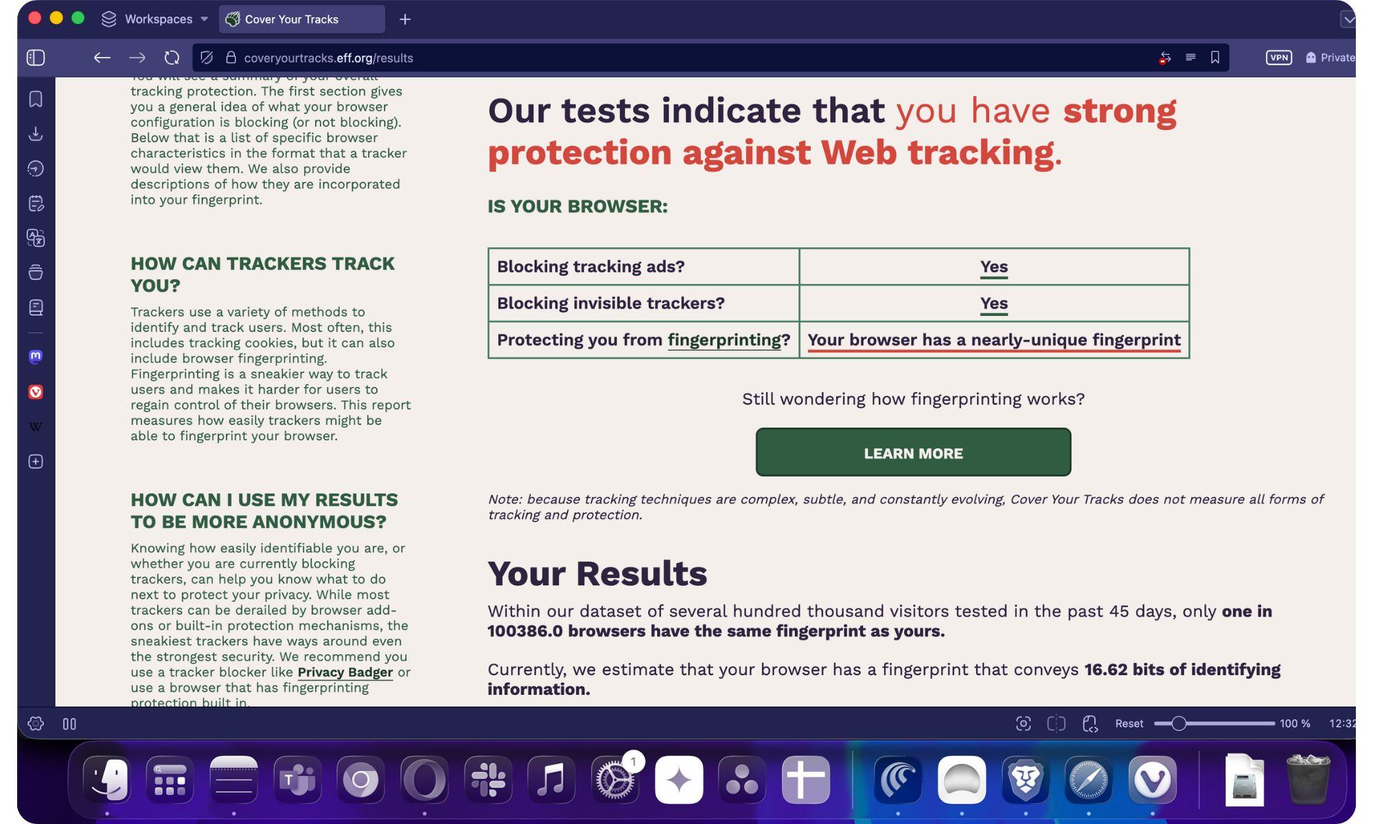EFF Cover Your Tracks results showing browser fingerprint uniqueness even when tracking protections are enabled