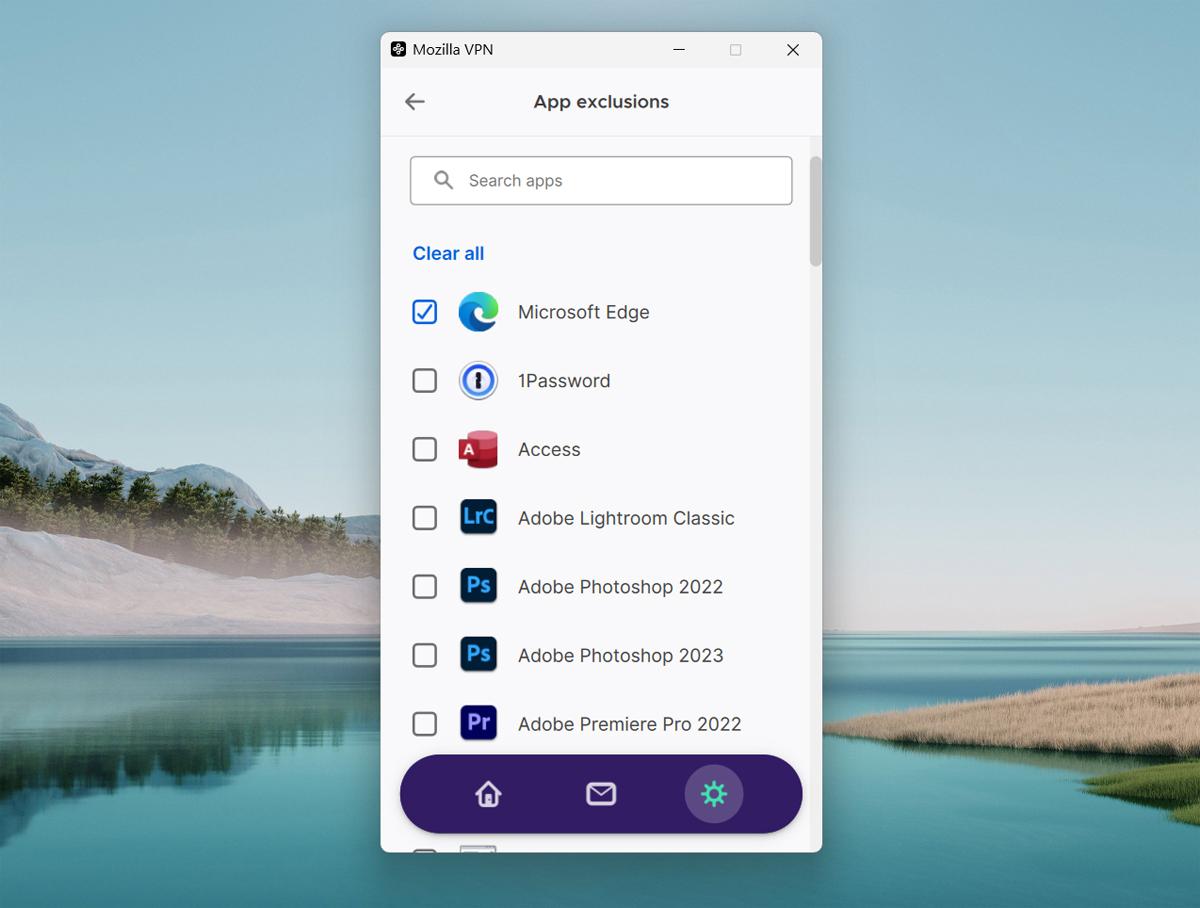 Mozilla VPN App exclusions screen showing selected applications that can be excluded from the VPN tunnel