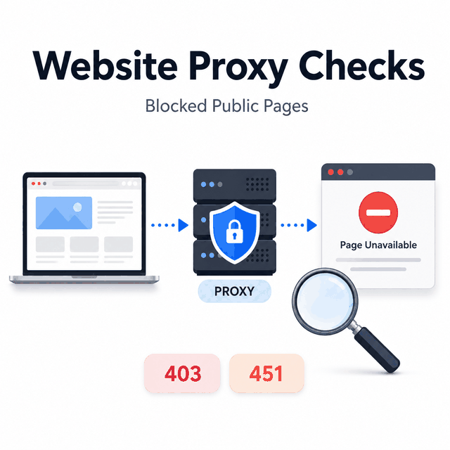 Website proxy checks for blocked public pages showing proxy routing, page unavailable errors, and 403 and 451 responses