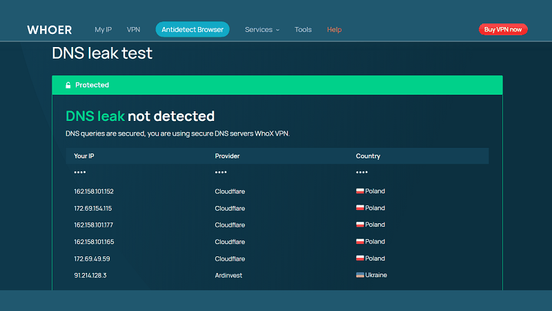 Whoer DNS leak test showing DNS servers providers and locations