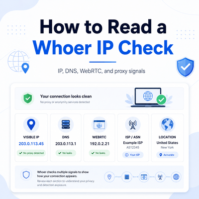 Whoer IP check showing IP DNS WebRTC ISP and location signals