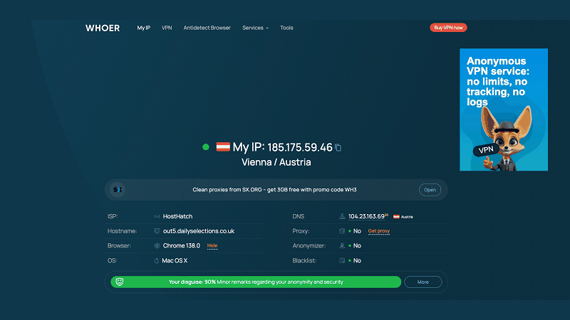 Whoer IP check showing visible IP ISP DNS proxy and browser signals