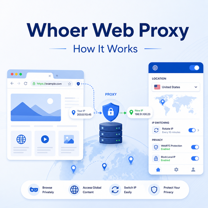 Whoer Web Proxy cover image showing browser routing IP switching and WebRTC protection