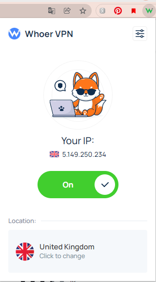 Whoer extension showing connected IP address and proxy server location