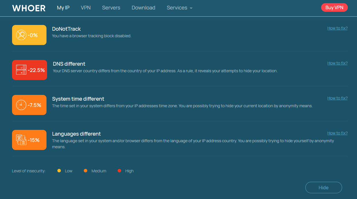 Whoer diagnostic warnings for DNS system time language and browser settings