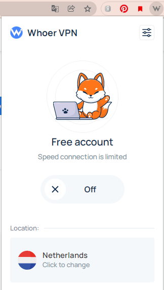 Whoer browser extension showing a free account before connecting