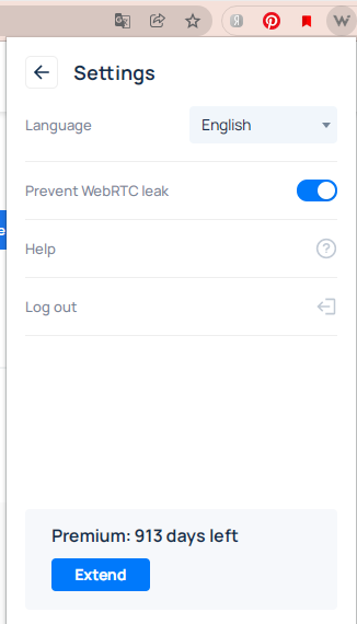 Whoer extension settings showing the Prevent WebRTC leak option