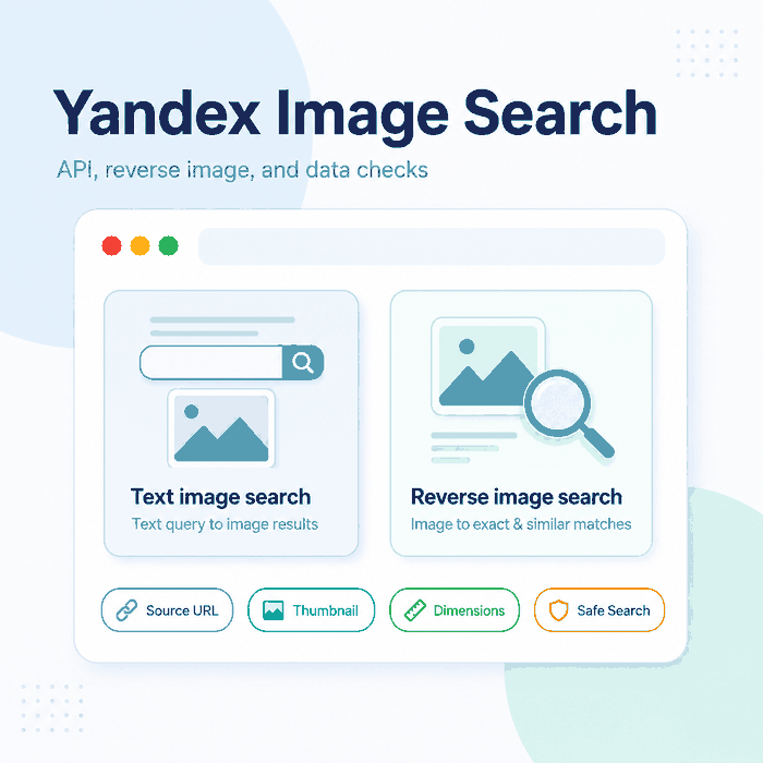 Yandex Image Search cover showing text image search, reverse image search, source URL, thumbnail, dimensions, and Safe Search