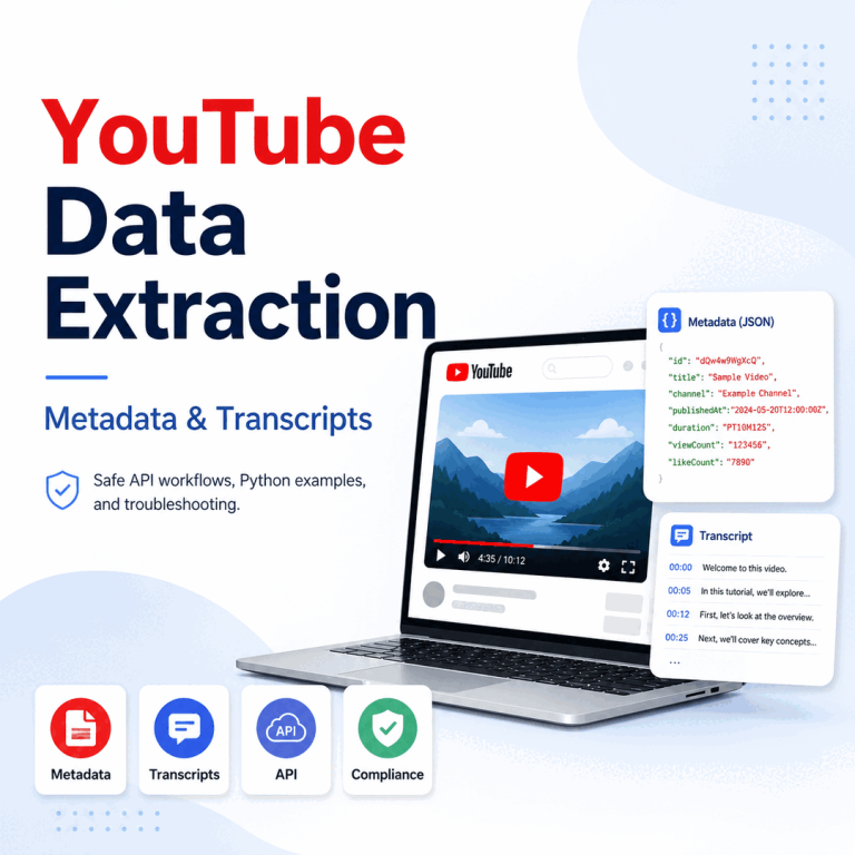 YouTube data extraction guide for metadata, transcripts, Python API examples, and troubleshooting