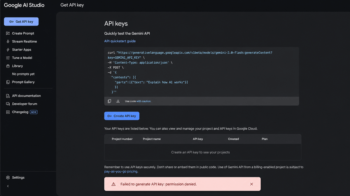 Google AI Studio showing Failed to generate API key permission denied