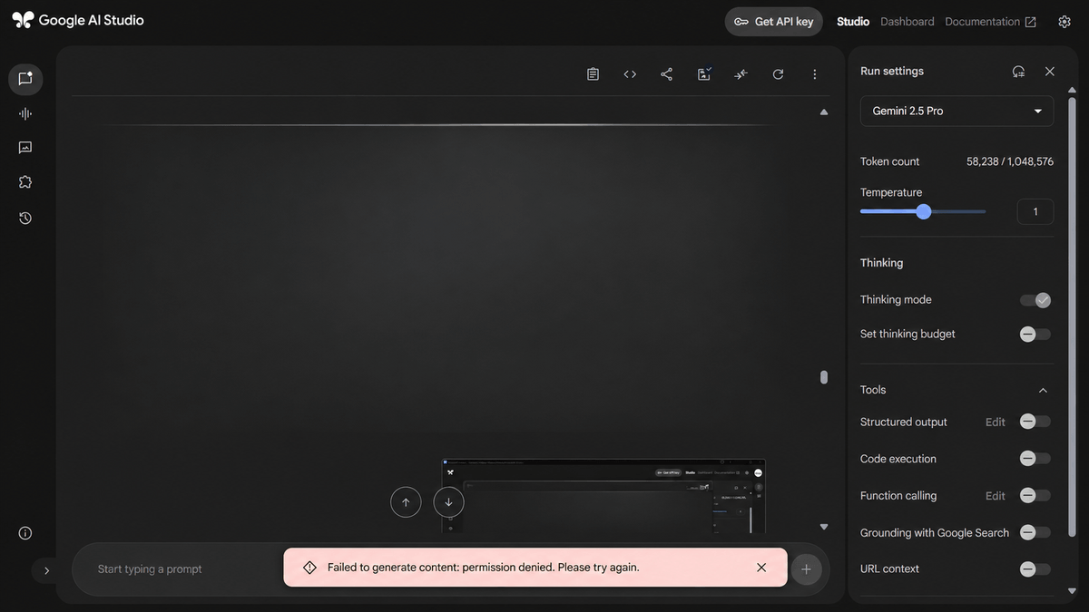 Google AI Studio showing Failed to generate content permission denied