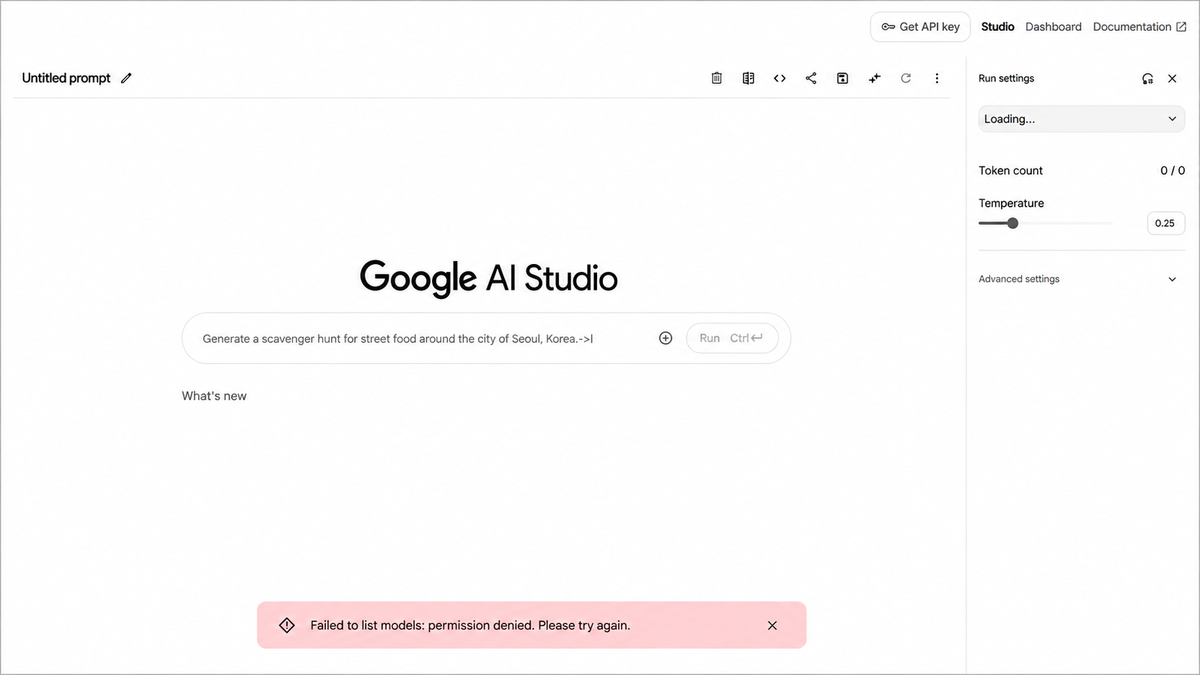 Google AI Studio showing Failed to list models permission denied