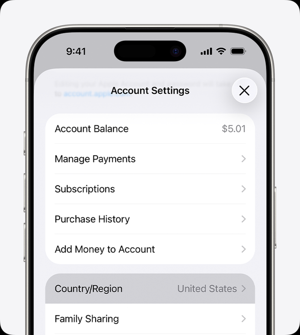 Apple Account settings showing the Country or Region option