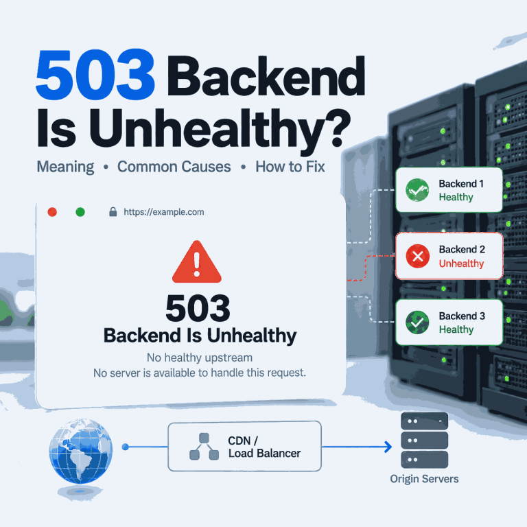 503 Backend Is Unhealthy cover showing backend health checks, CDN or load balancer routing, and origin server status
