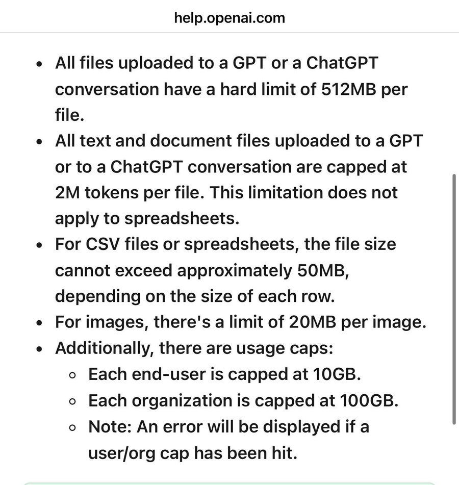 OpenAI Help Center showing ChatGPT file upload size token and usage limits