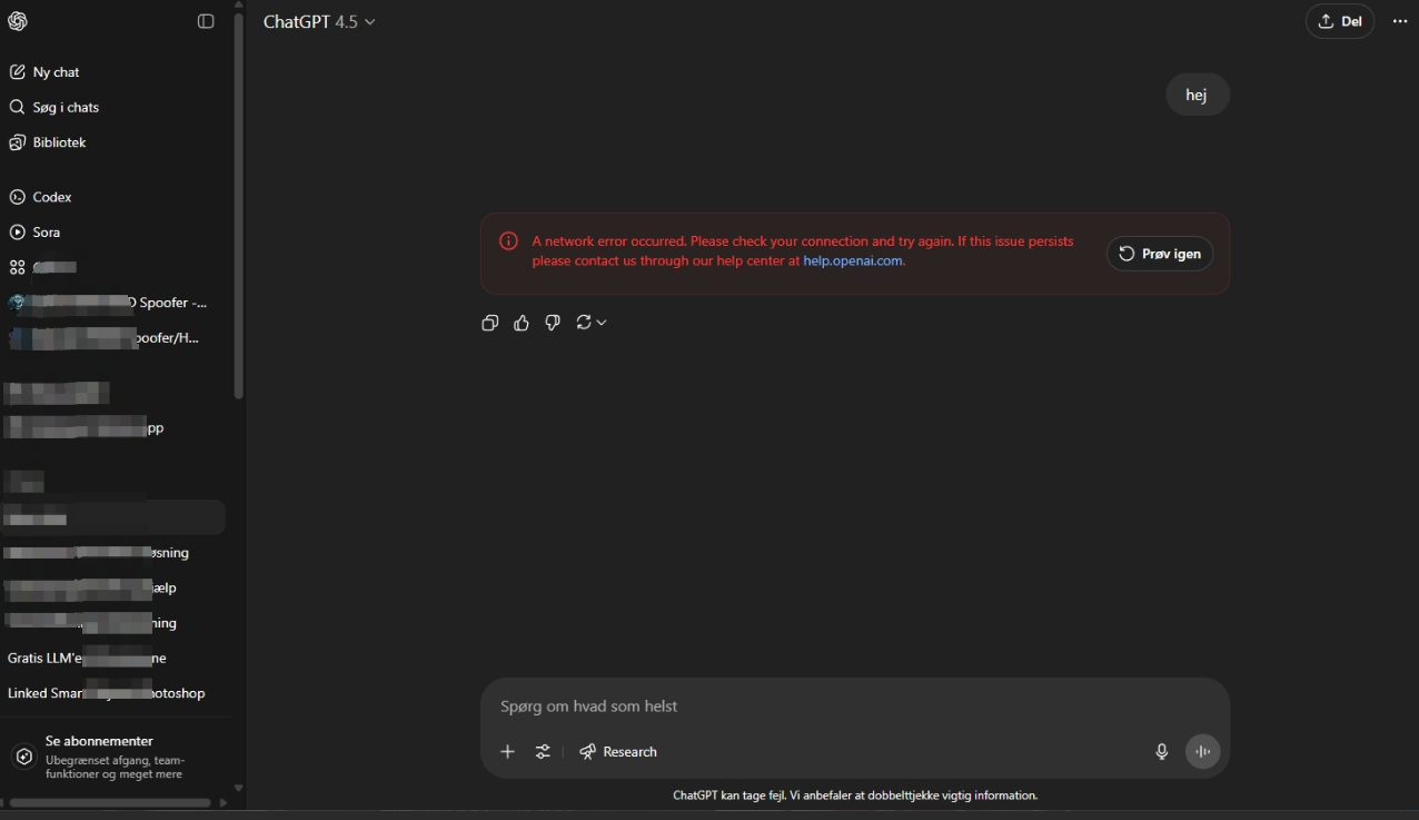 ChatGPT showing A network error occurred message during a conversation