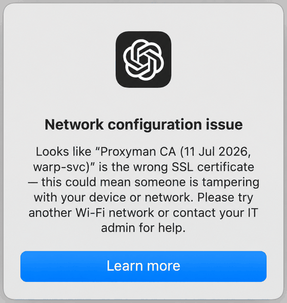 ChatGPT network configuration issue showing an unexpected SSL certificate