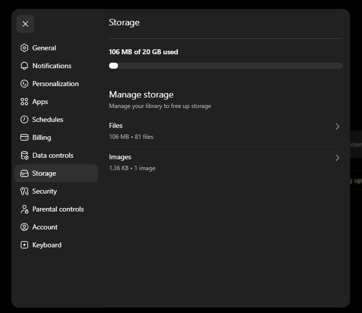 ChatGPT Storage settings showing used file storage and library management