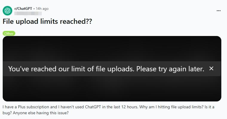 ChatGPT showing You’ve reached our limit of file uploads message