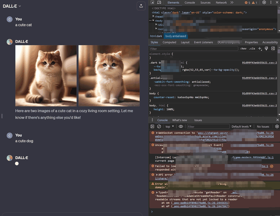 Chrome DevTools showing a ChatGPT WebSocket connection failure