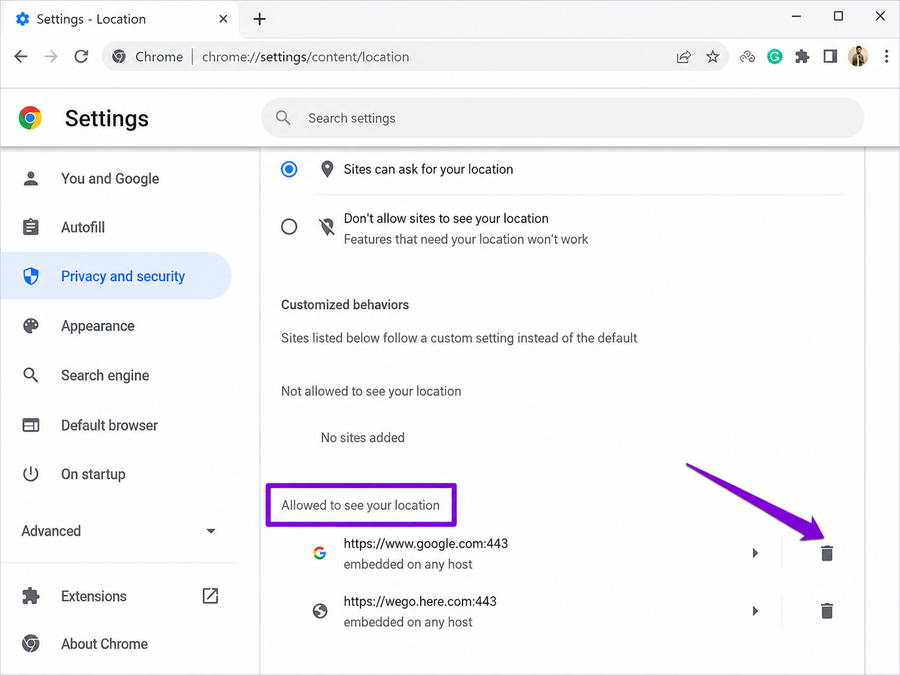 Chrome location settings showing site-level permission controls for allowing websites to access location