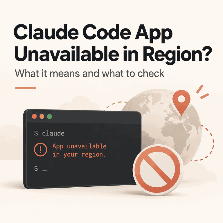 Claude Code App unavailable in region troubleshooting guide with terminal region error, globe, and location restriction symbols