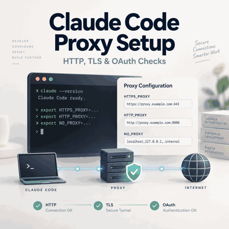 Claude Code Proxy Setup guide showing HTTPS_PROXY, HTTP_PROXY, NO_PROXY, TLS, OAuth, and a secure proxy connection workflow