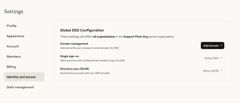 Claude Enterprise identity and access settings showing domain management, single sign-on, and SCIM configuration