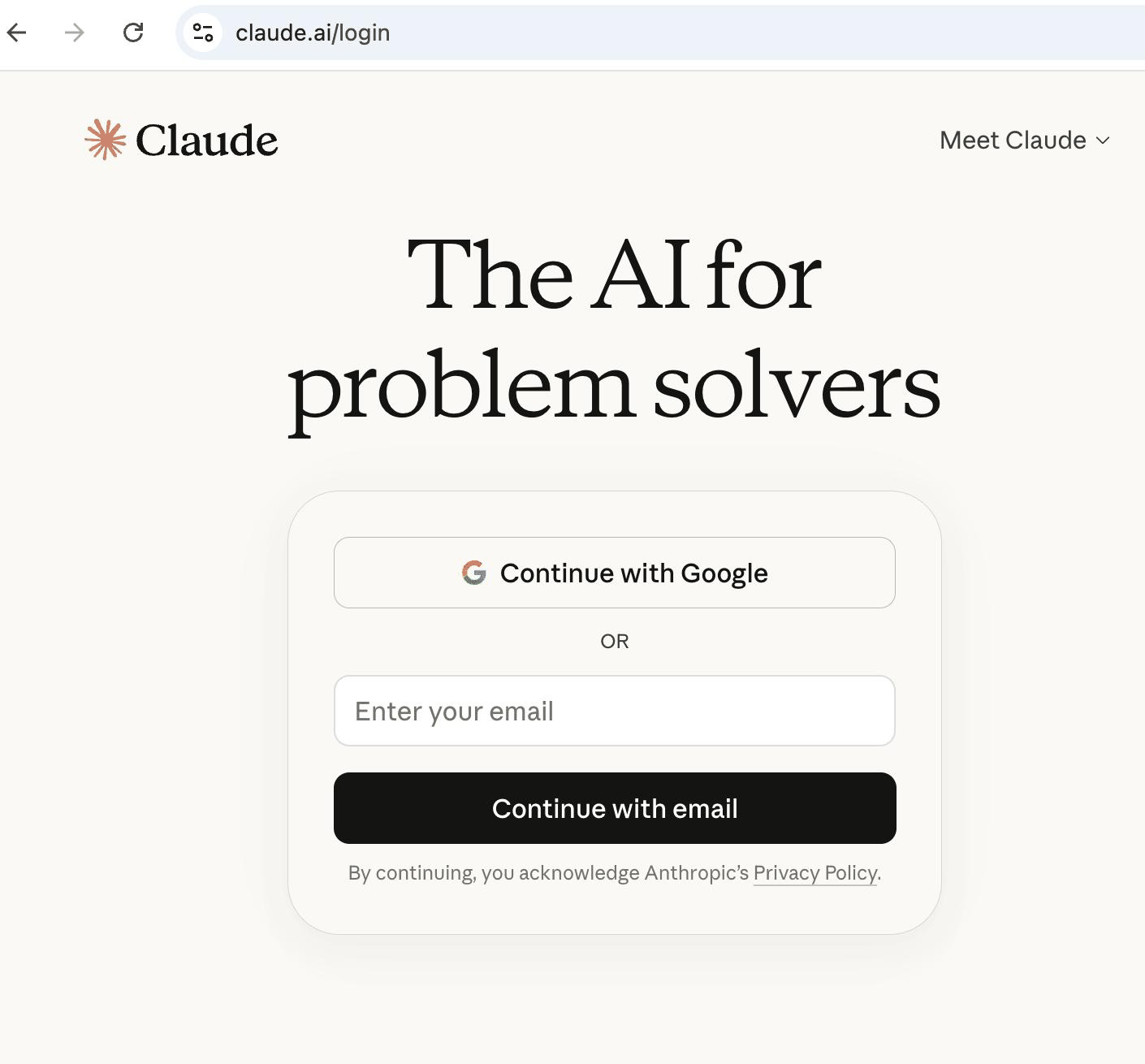 Claude login page with Continue with Google and Continue with email sign-in options