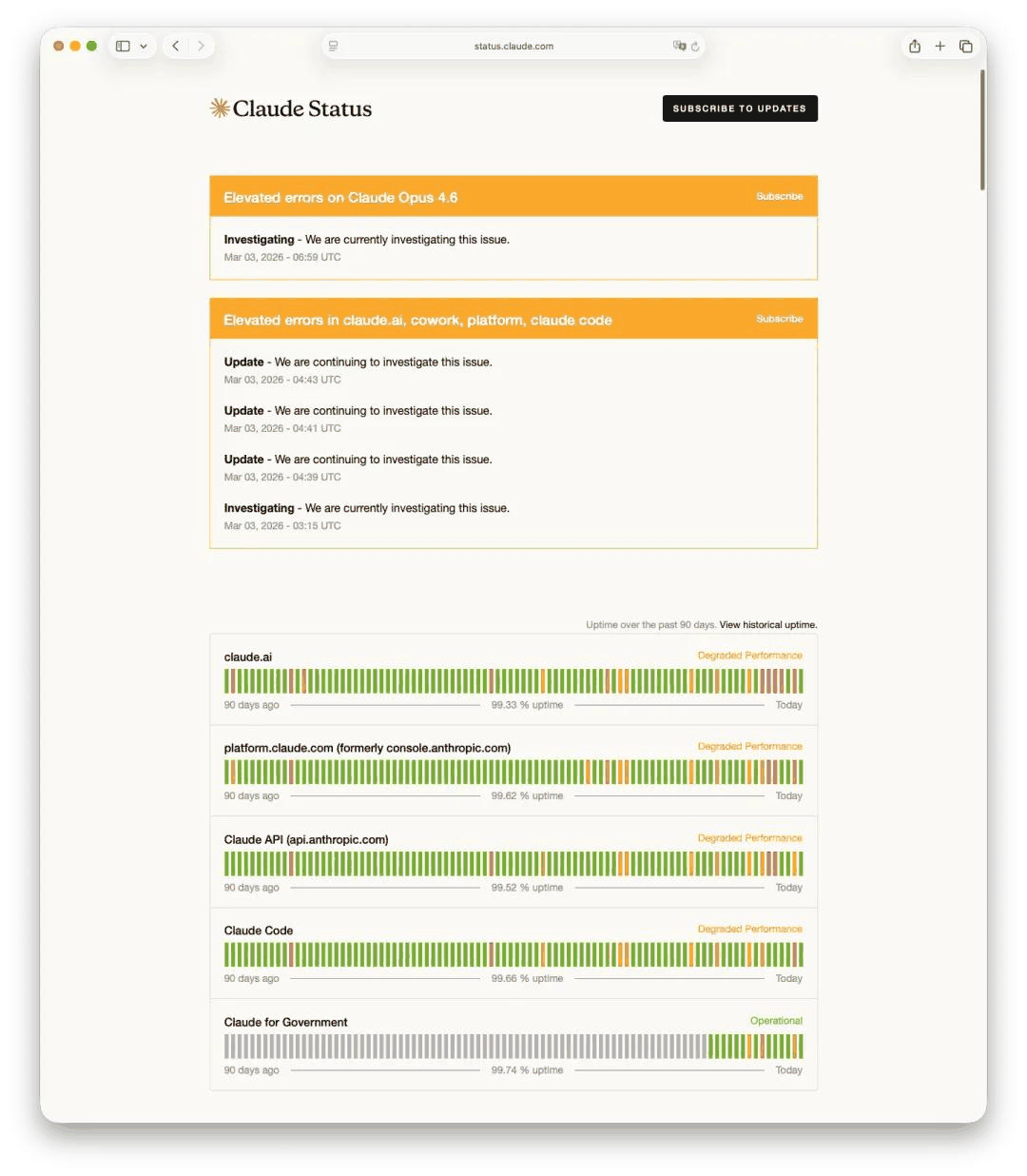 Claude Status page showing incidents and uptime for claude.ai, Claude API, and Claude Code