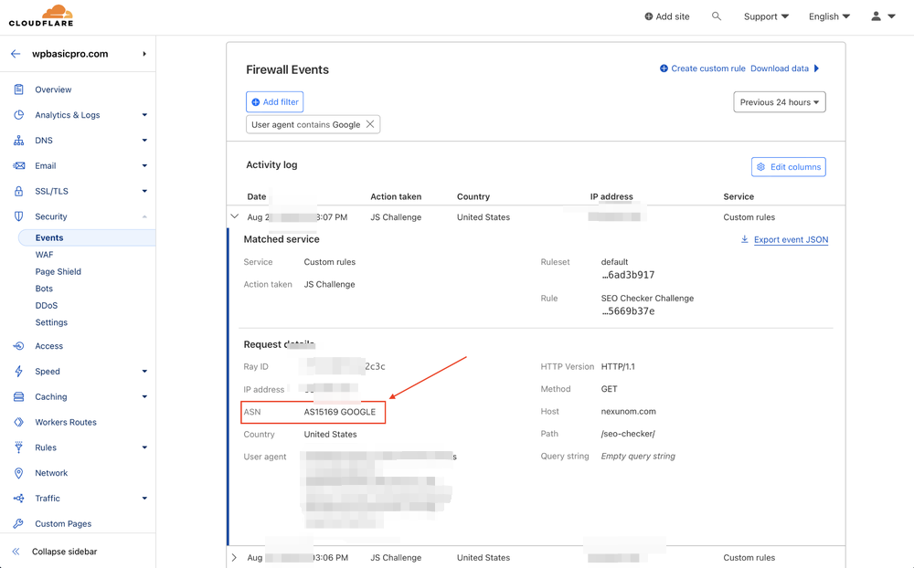 Cloudflare Firewall Events showing a Google Inspection Tool request from AS15169 Google receiving a JS Challenge