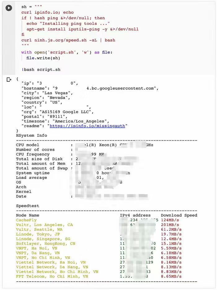 Google Colab output from ipinfo.io showing the hosted runtime city region country and network organization
