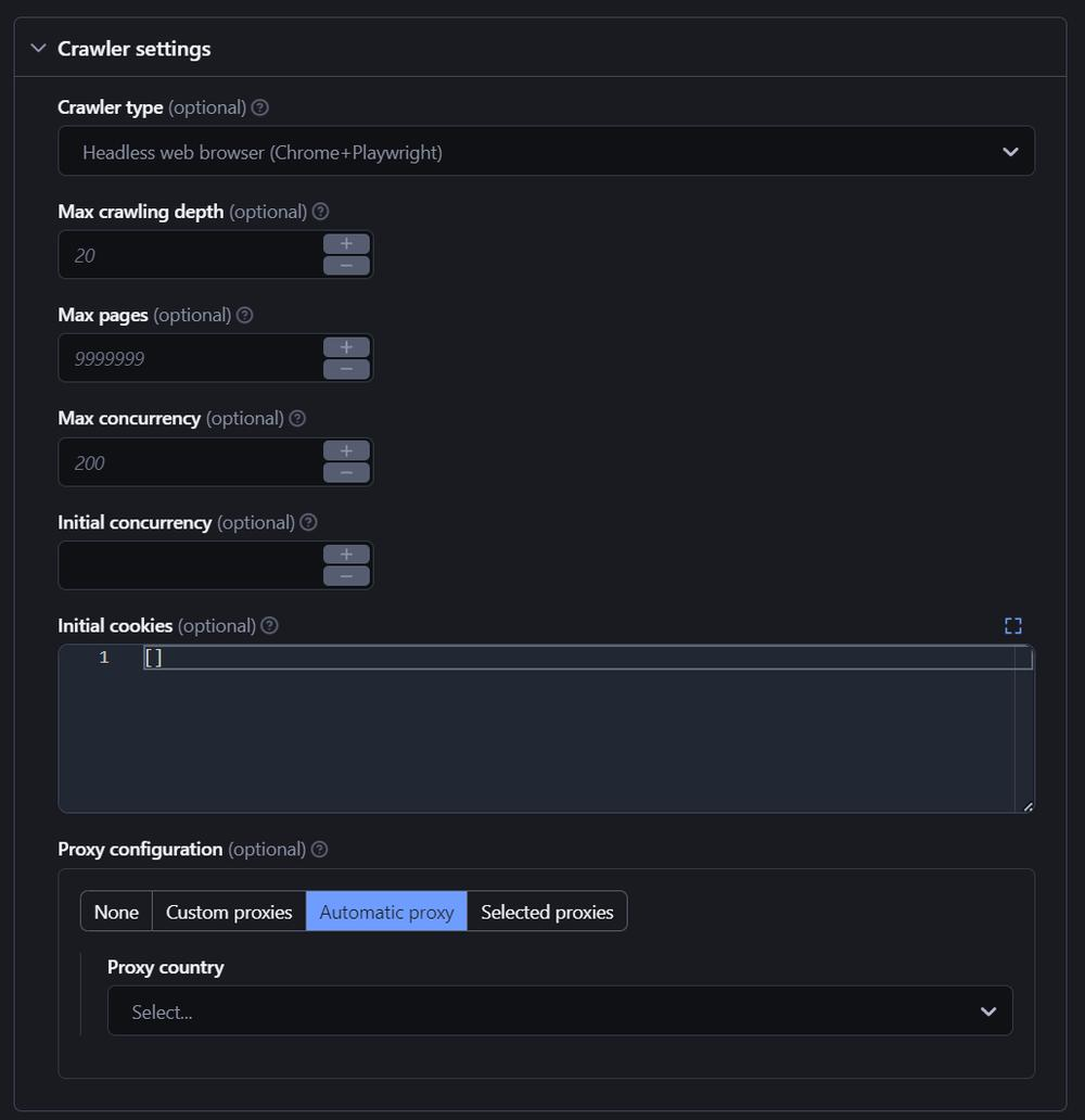 Crawler settings panel showing max concurrency and initial concurrency limits for parallel page loads