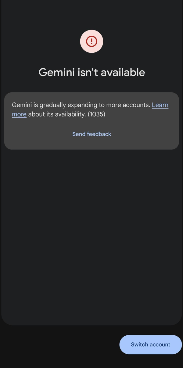 Gemini isn't available message with a Switch account option