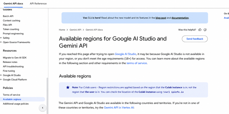 Google Gemini API documentation showing available regions, the 18 plus requirement, and the Colab instance region note