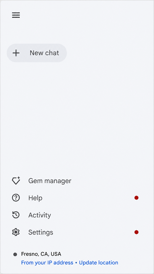 Gemini side menu showing Fresno California from the IP address with an Update location link