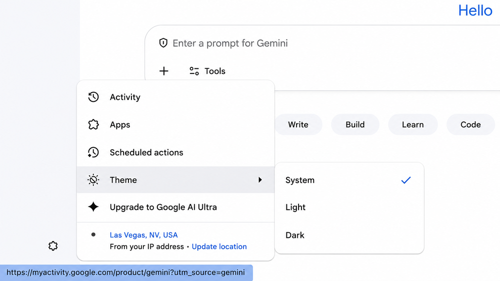 Gemini web menu showing Las Vegas location from the IP address and the Update location option