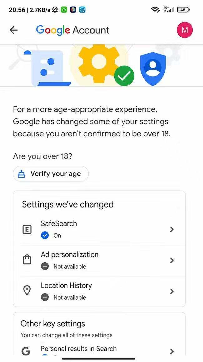 Google Account age verification page asking the user to verify that they are over 18